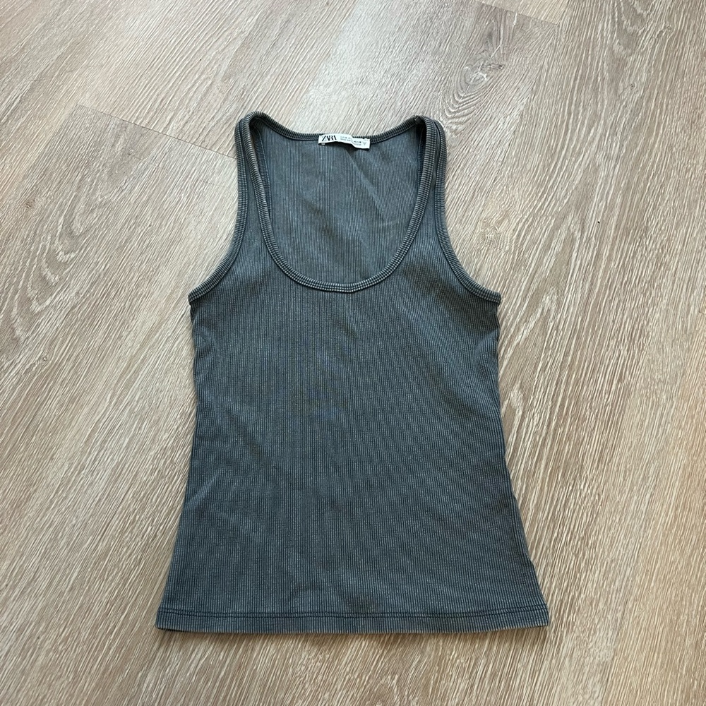 Zara Charcoal Washed Grey Ribbed Tank Top - Women's Scoop Neck